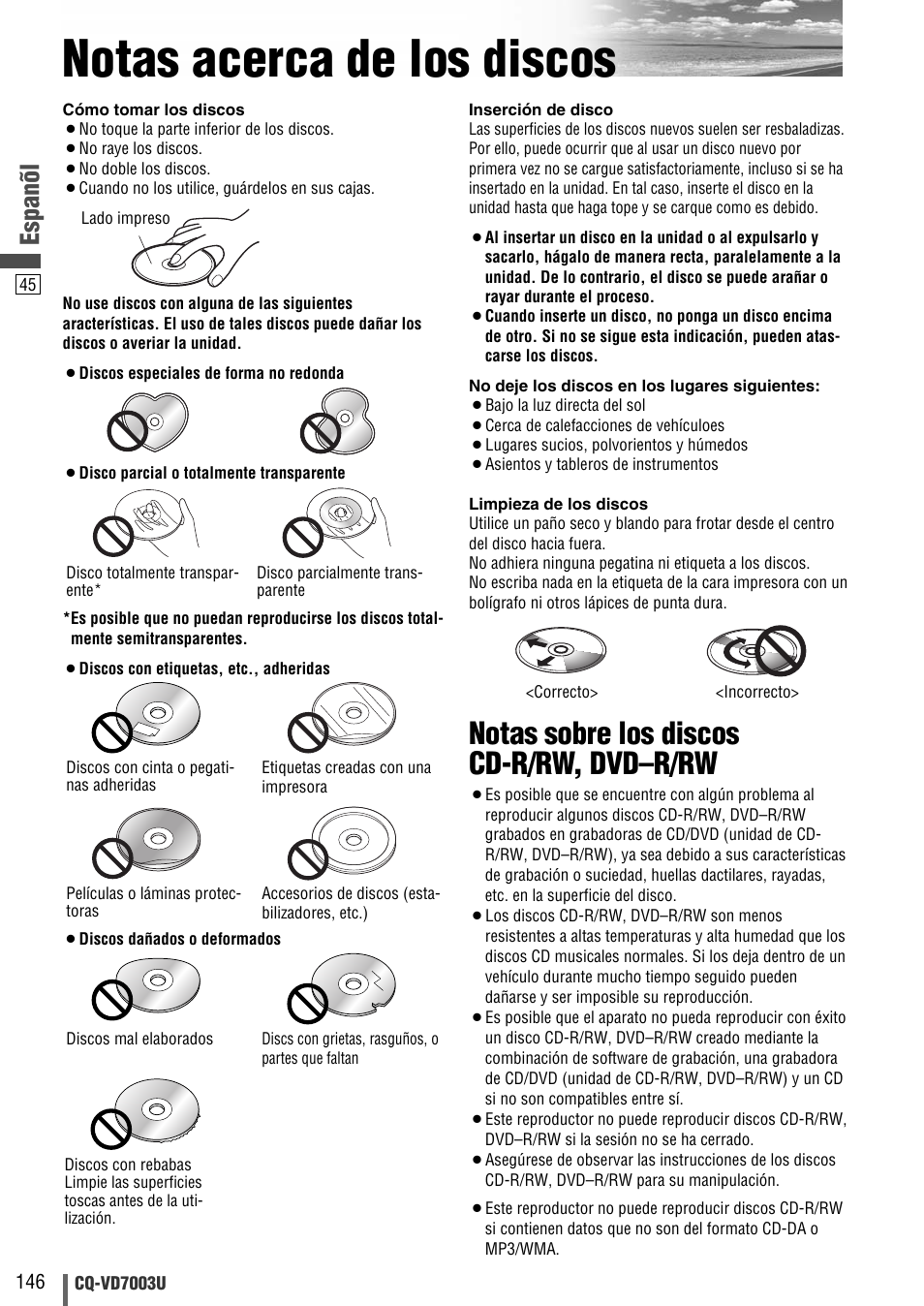 Notas acerca de los discos, Notas sobre los discos cd-r/rw, dvd–r/rw, Espanõl | Panasonic CQ-VD7003U User Manual | Page 146 / 150