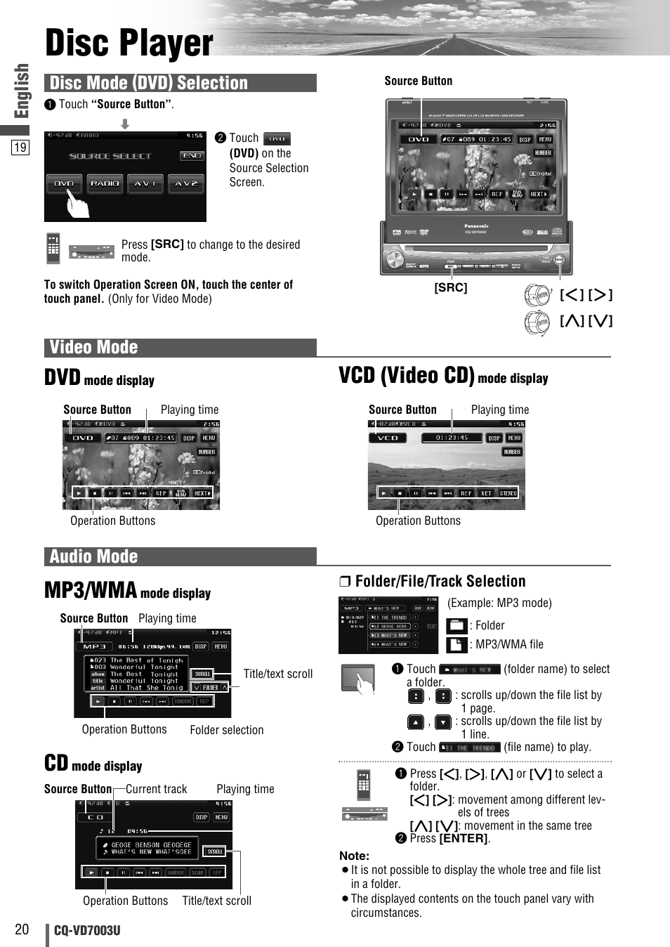 Disc player, Mp3/wma, Vcd (video cd) | English, Video mode, Audio mode, Disc mode (dvd) selection, Folder/file/track selection | Panasonic CQ-VD7003U User Manual | Page 20 / 150