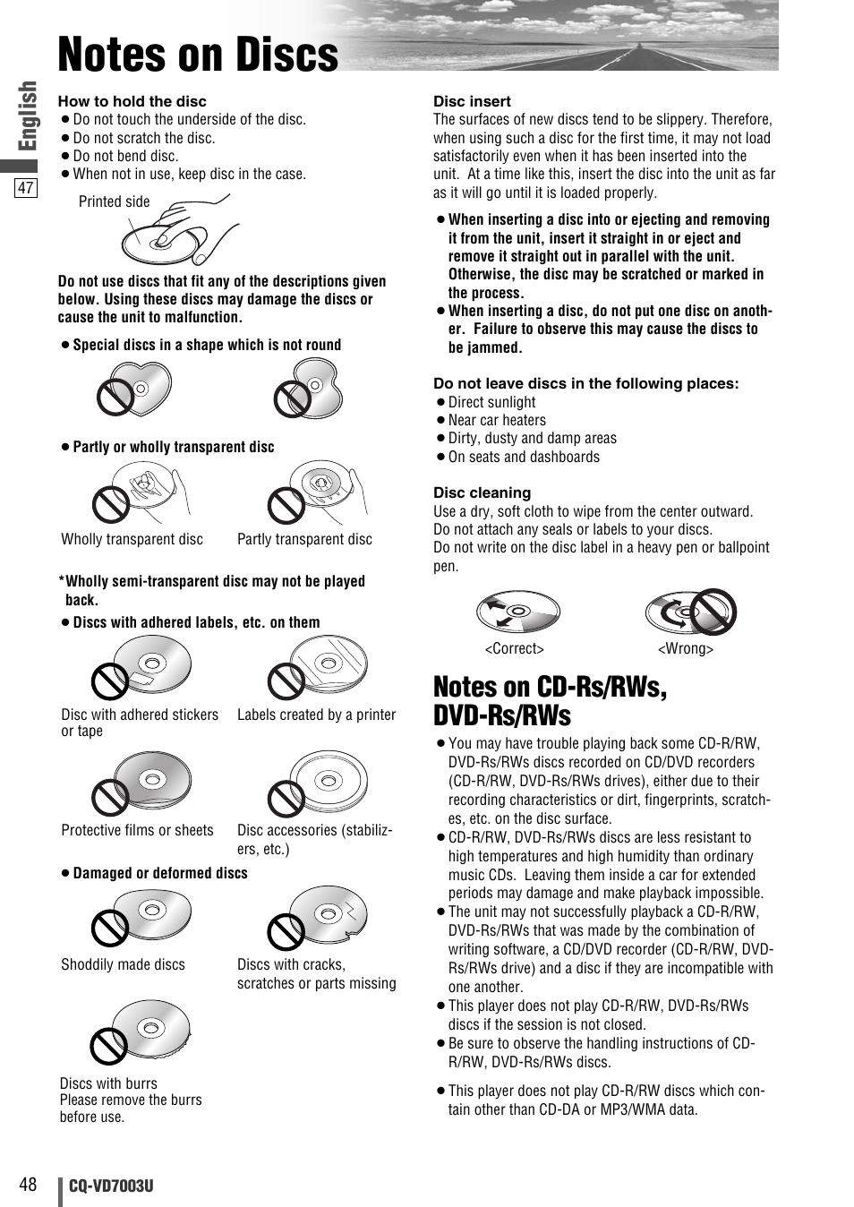 Notes on discs, English | Panasonic CQ-VD7003U User Manual | Page 48 / 150