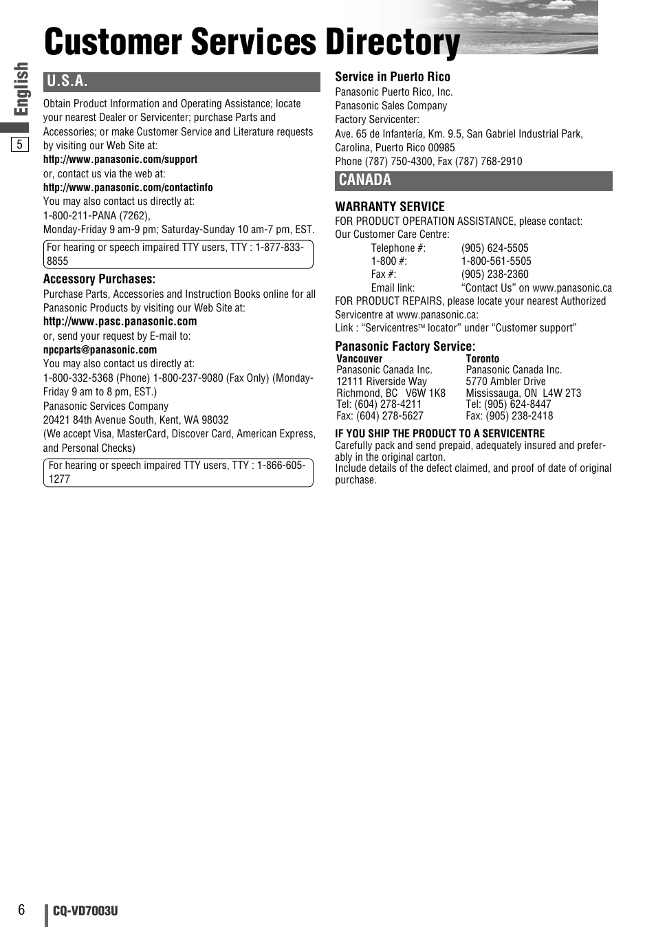 Customer services directory, English, U.s.a | Canada | Panasonic CQ-VD7003U User Manual | Page 6 / 150