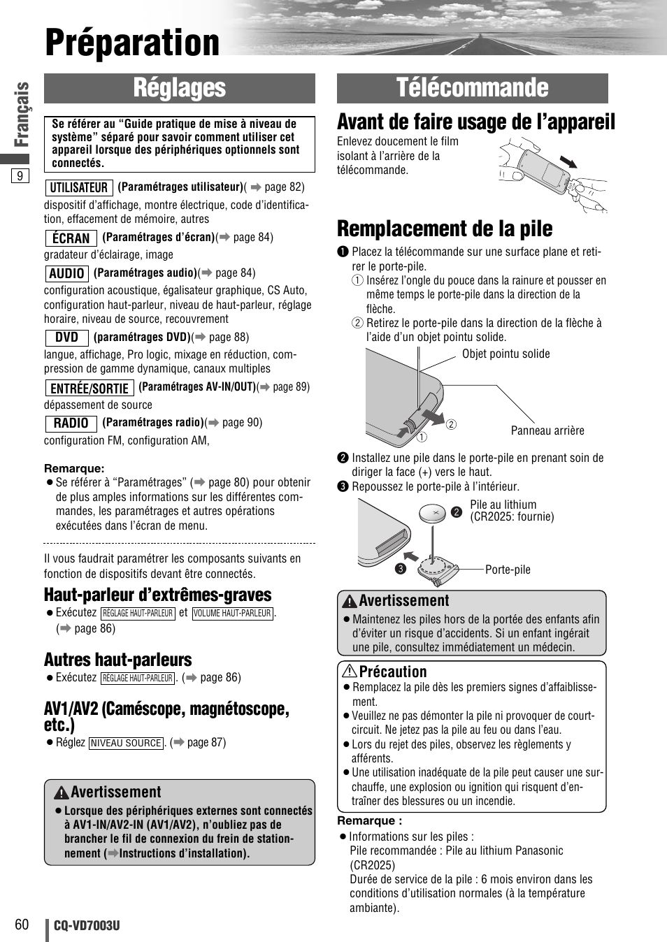 Preparation, Préparation, Réglages | Télécommande, Remplacement de la pile, Avant de faire usage de l’appareil, Français, Haut-parleur d’extrêmes-graves, Autres haut-parleurs, Av1/av2 (caméscope, magnétoscope, etc.) | Panasonic CQ-VD7003U User Manual | Page 60 / 150