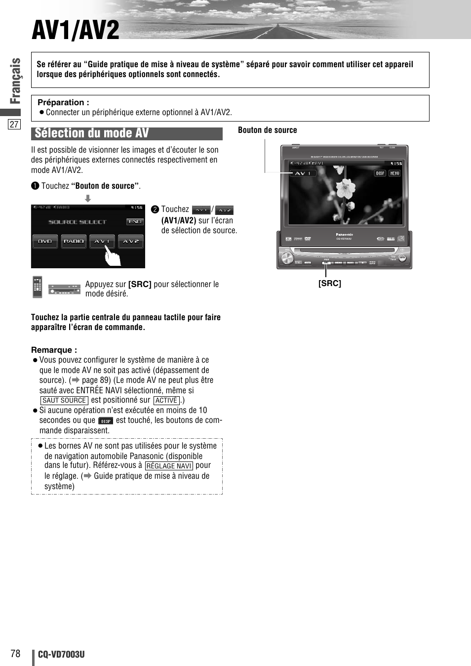 Av1/av2, Français, Sélection du mode av | Cq-vd7003u, Appuyez sur [src] pour sélectionner le mode désiré | Panasonic CQ-VD7003U User Manual | Page 78 / 150