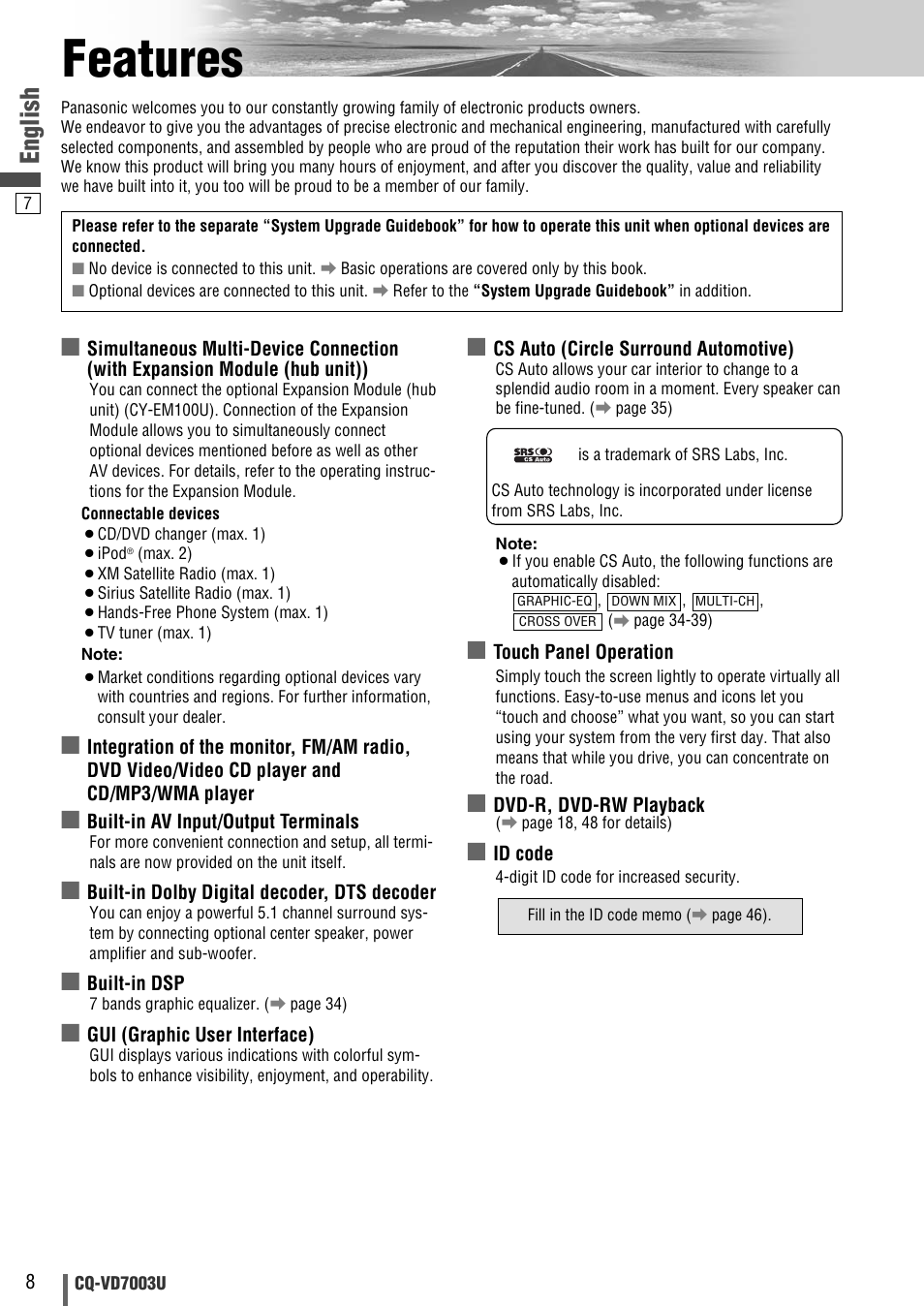 Features, English | Panasonic CQ-VD7003U User Manual | Page 8 / 150