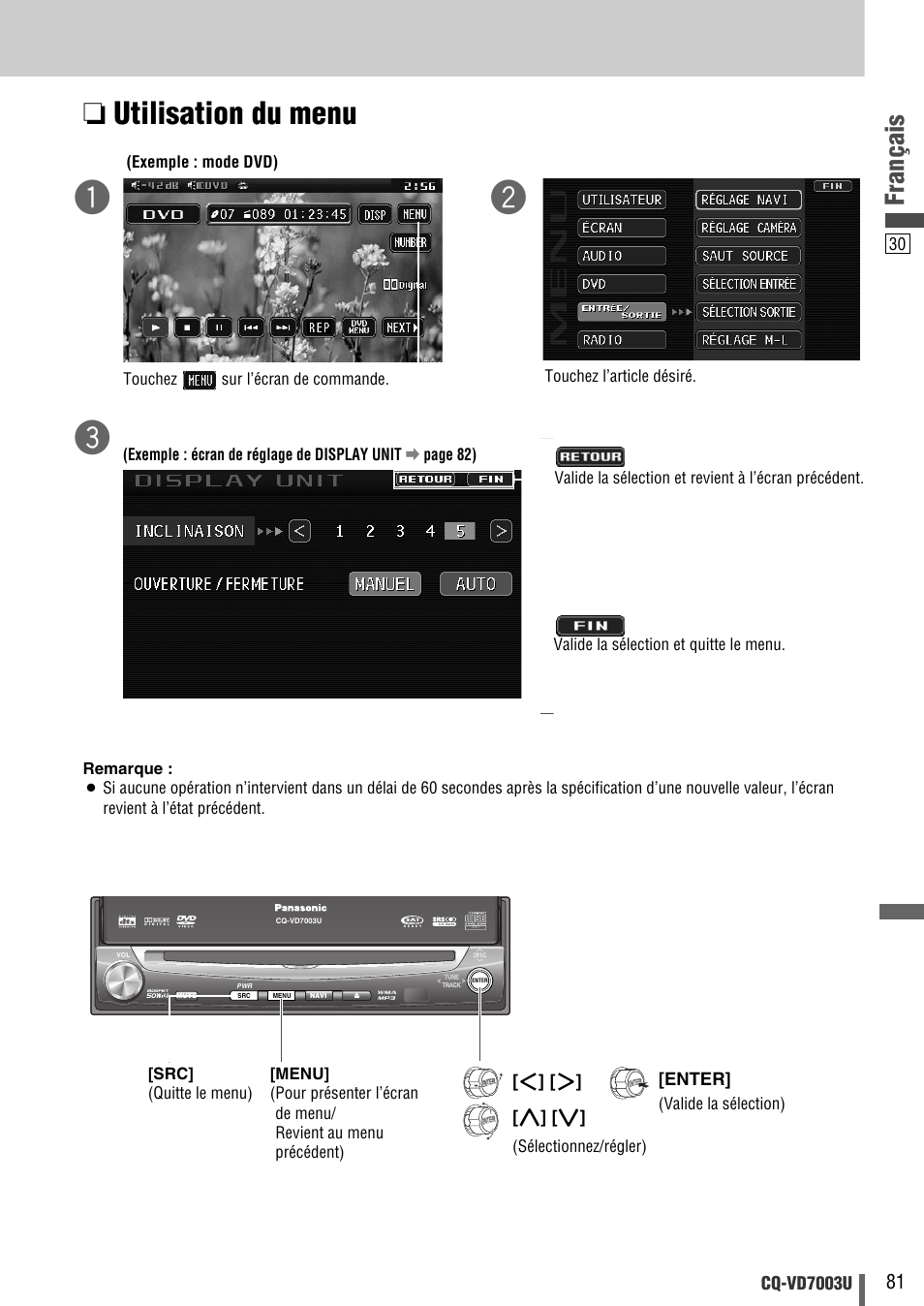 Utilisation du menu, Français, Cq-vd7003u | Enter | Panasonic CQ-VD7003U User Manual | Page 81 / 150