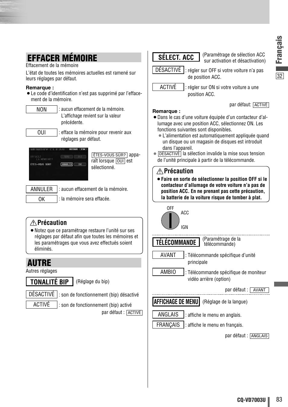 Effacer mémoire, Autre, Français | Tonalité bip, Affichage de menu, Télécommande, Sélect. acc précaution, Précaution | Panasonic CQ-VD7003U User Manual | Page 83 / 150