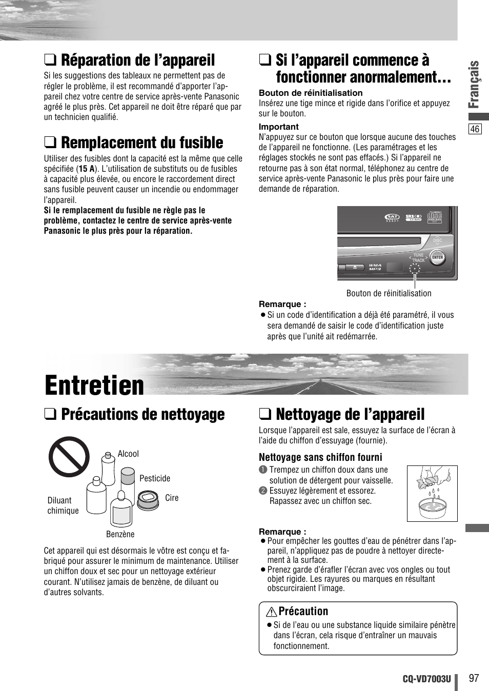 Entretien, Réparation de l’appareil, Remplacement du fusible | Si l’appareil commence à fonctionner anormalement, Nettoyage de l’appareil, Précautions de nettoyage, Français | Panasonic CQ-VD7003U User Manual | Page 97 / 150