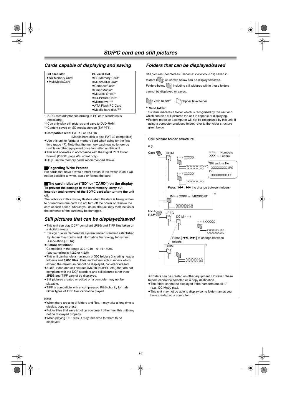 Sd/pc card and still pictures, Cards capable of displaying and saving, Still pictures that can be displayed/saved | Folders that can be displayed/saved | Panasonic DMR-E60 User Manual | Page 10 / 74