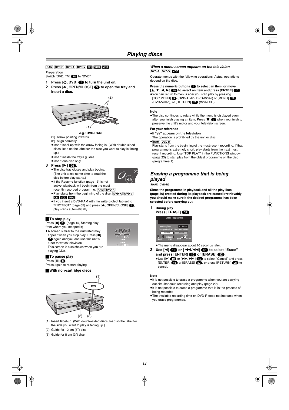 Playing discs, Erasing a programme that is being played | Panasonic DMR-E60 User Manual | Page 14 / 74