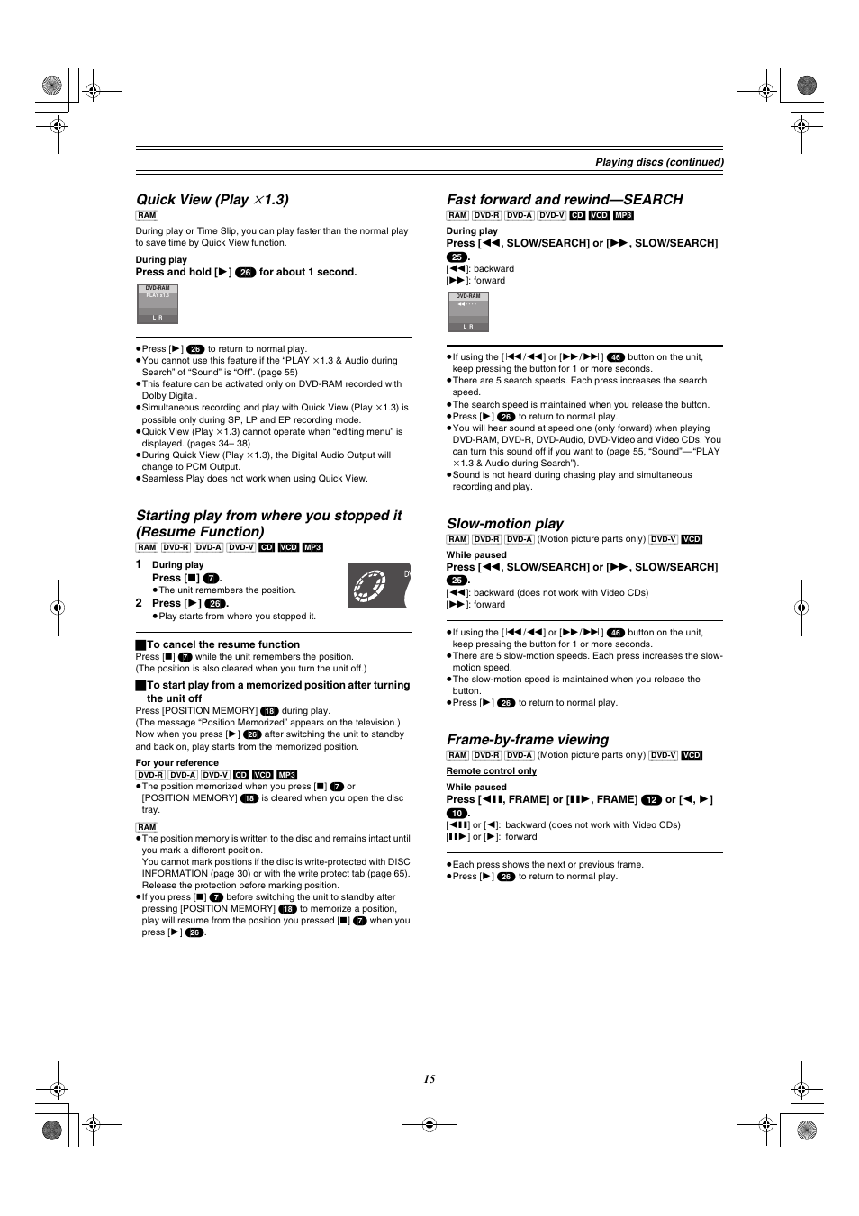 Quick view (play k 1.3), Fast forward and rewind—search, Slow-motion play | Frame-by-frame viewing | Panasonic DMR-E60 User Manual | Page 15 / 74