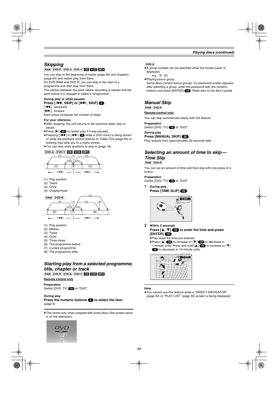 Skipping, Manual skip, Selecting an amount of time to skip — time slip | Panasonic DMR-E60 User Manual | Page 16 / 74