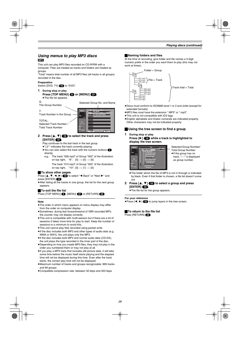 Using menus to play mp3 discs, ª using the tree screen to find a group 1, Playing discs (con tinued) | Panasonic DMR-E60 User Manual | Page 19 / 74