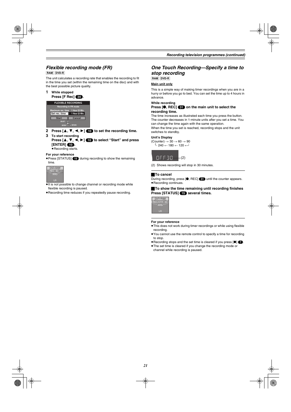 Flexible recording mode (fr) | Panasonic DMR-E60 User Manual | Page 21 / 74