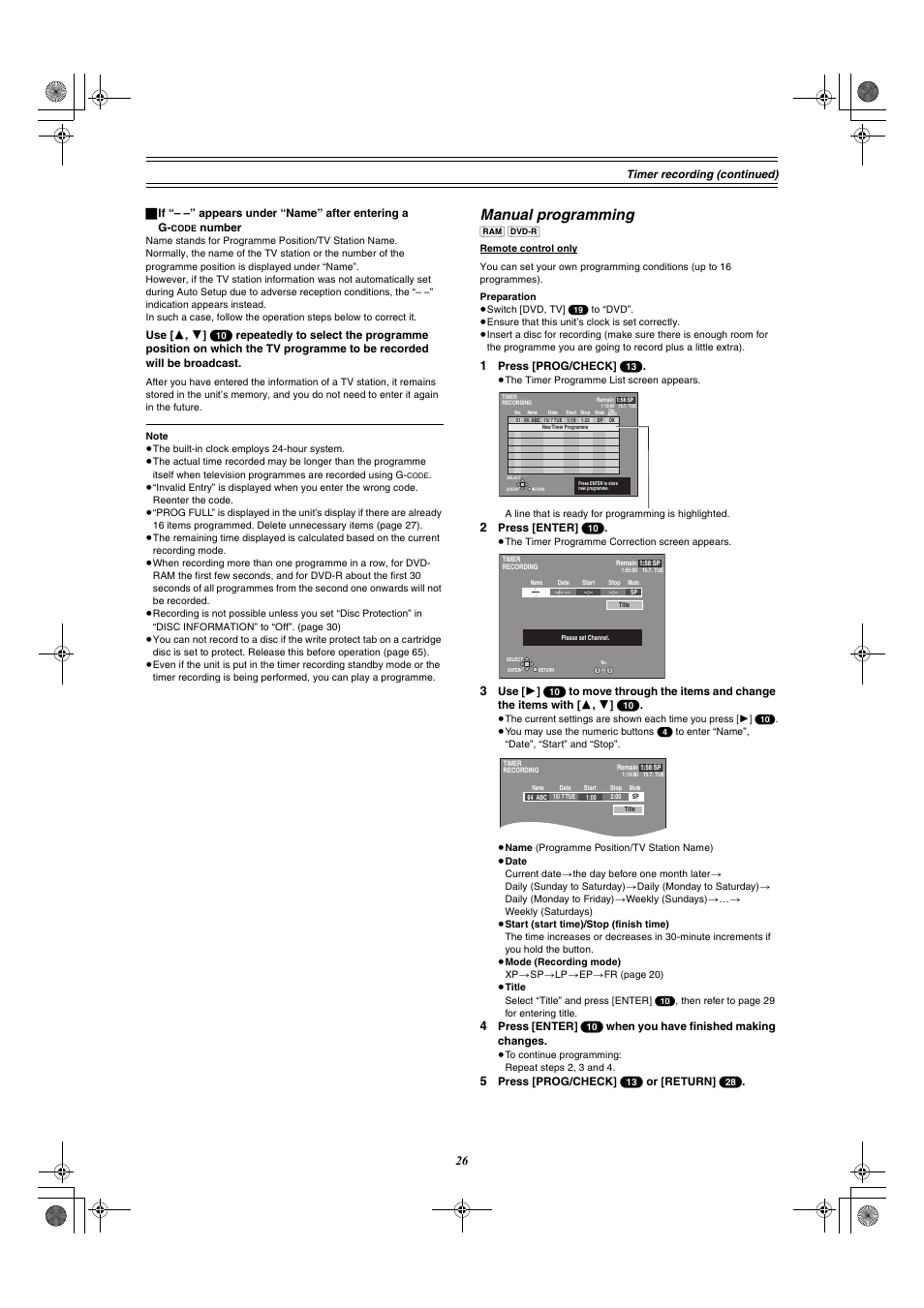 Manual programming, Timer recording (con tinued) | Panasonic DMR-E60 User Manual | Page 26 / 74