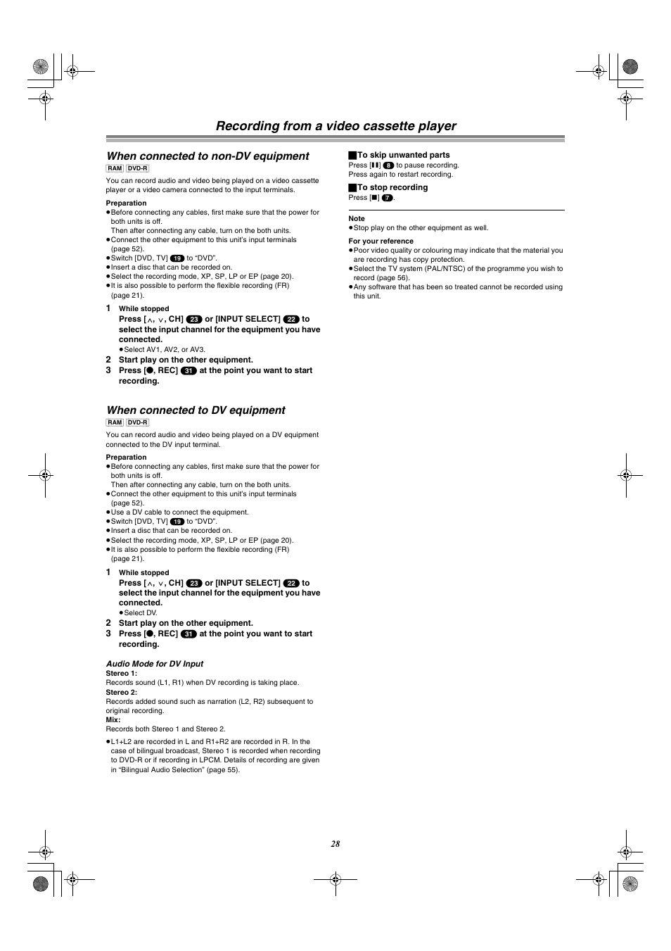 Recording from a video cassette player, When connected to non-dv equipment, When connected to dv equipment | Panasonic DMR-E60 User Manual | Page 28 / 74