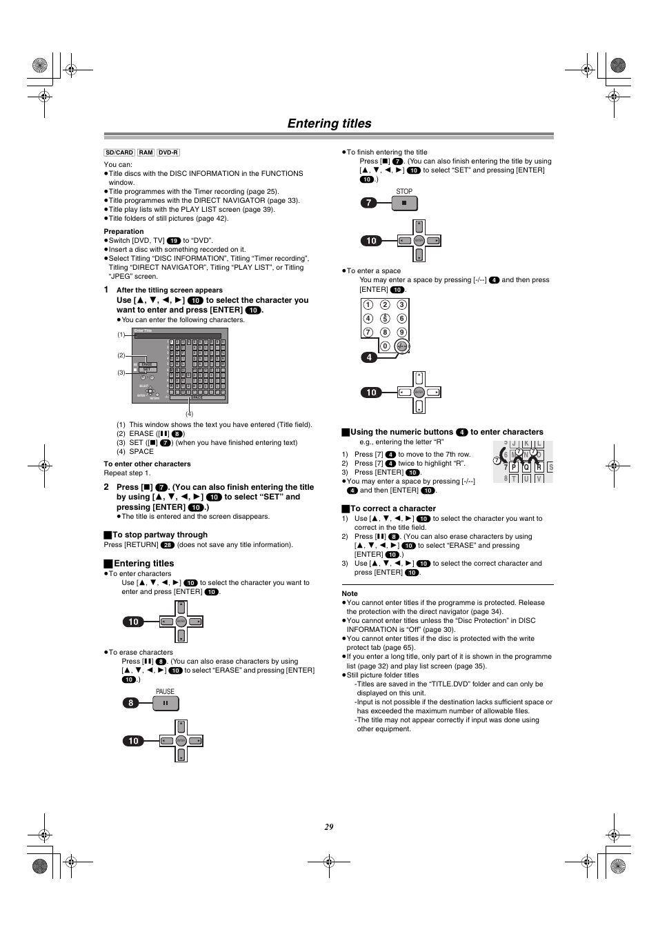 Entering titles, ª entering titles | Panasonic DMR-E60 User Manual | Page 29 / 74