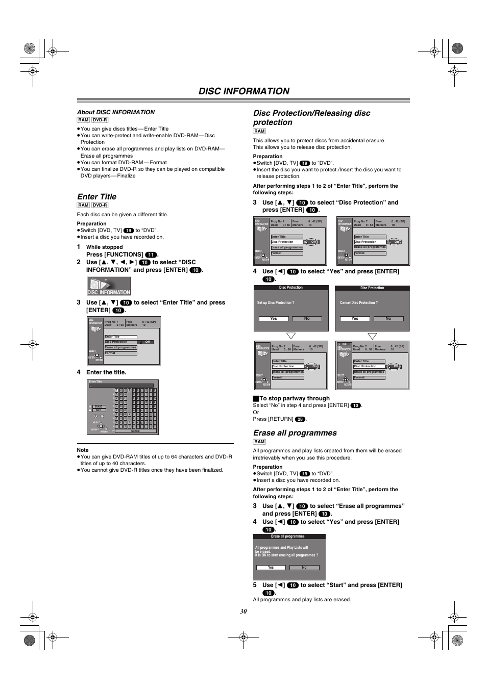 Disc information, Enter title, Disc protection/releasing disc protection | Erase all programmes, About disc information, Press [functions] (11), Enter the title | Panasonic DMR-E60 User Manual | Page 30 / 74