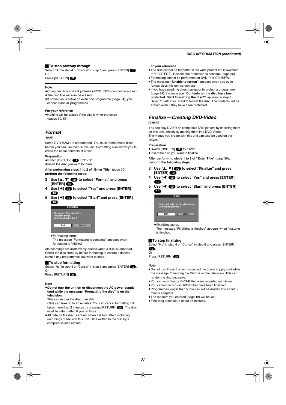 Format, Finalize — creating dvd-video | Panasonic DMR-E60 User Manual | Page 31 / 74