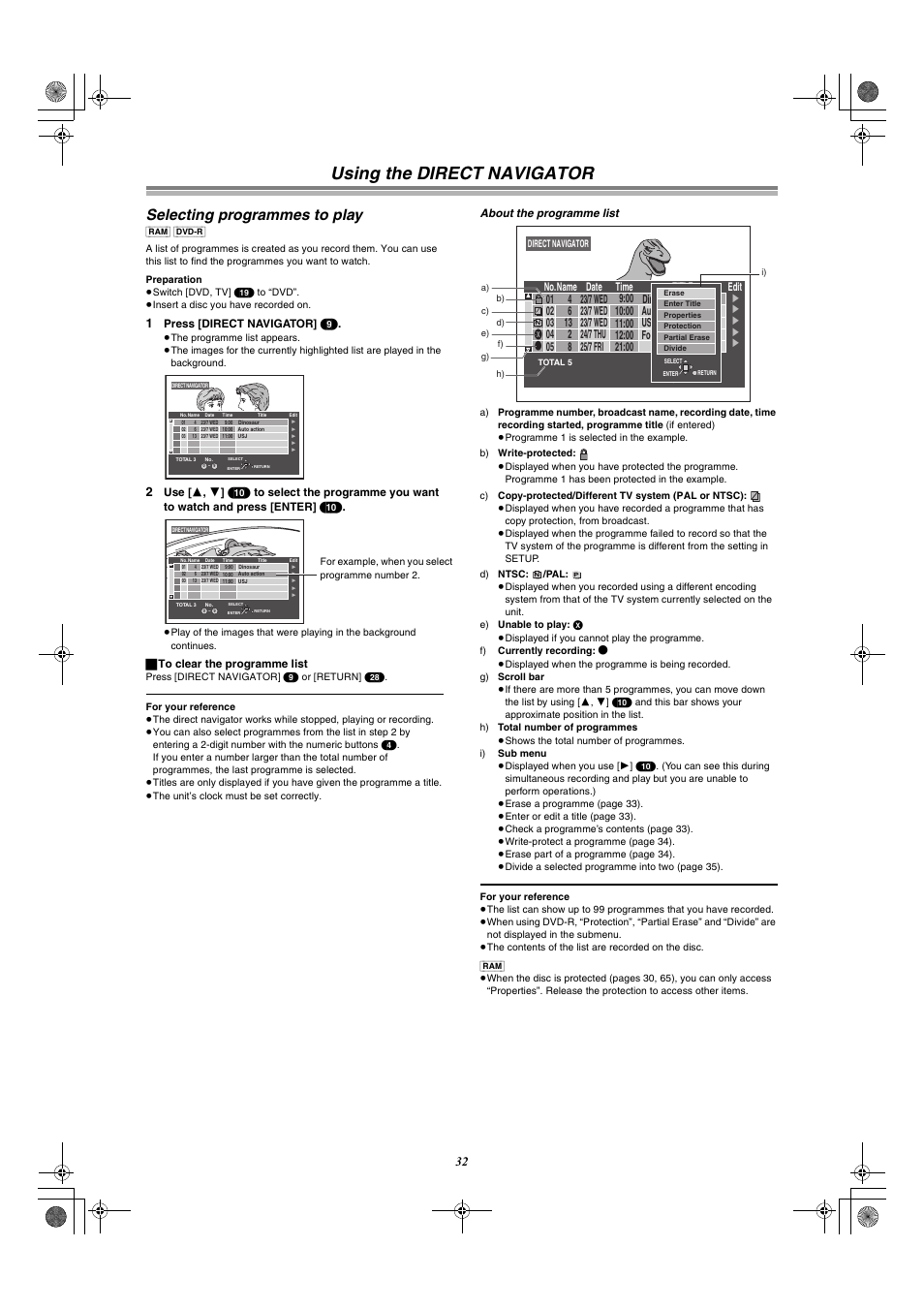 Using the direct navigator, Selecting programmes to play, About the programme list | Panasonic DMR-E60 User Manual | Page 32 / 74