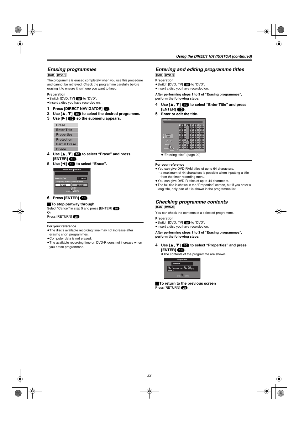 Erasing programmes, Entering and editing programme titles, Checking programme contents | Using the direct navigator (c ontinued), Press [direct navigator] (9), Use [ 1 ] (10) s o the submenu appears, Use [ 2 ] (10) to select “erase, Press [enter] (10) . ª to stop partway through, Enter or edit the title, ª to return to the previous screen | Panasonic DMR-E60 User Manual | Page 33 / 74