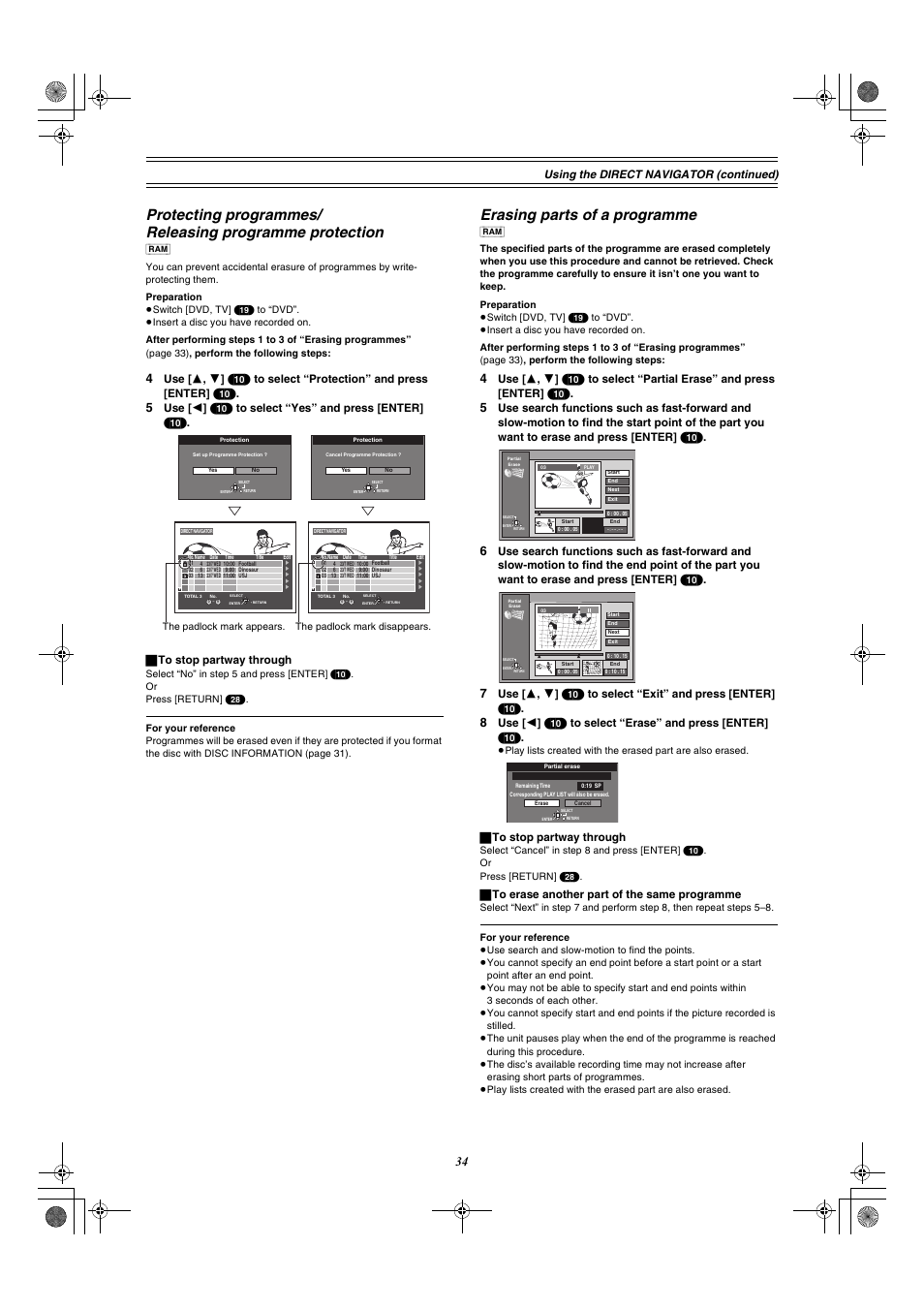 Erasing parts of a programme, Using the direct navigator (c ontinued), ª to stop partway through | ª to erase another part of the same programme | Panasonic DMR-E60 User Manual | Page 34 / 74