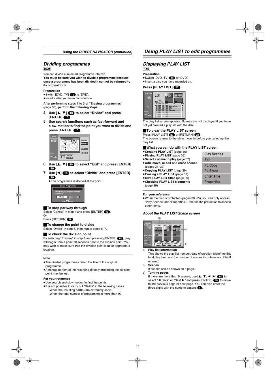 Using play list to edit programmes, Dividing programmes, Displaying play list | Using the direct navigator (continued), About the play list scene screen | Panasonic DMR-E60 User Manual | Page 35 / 74