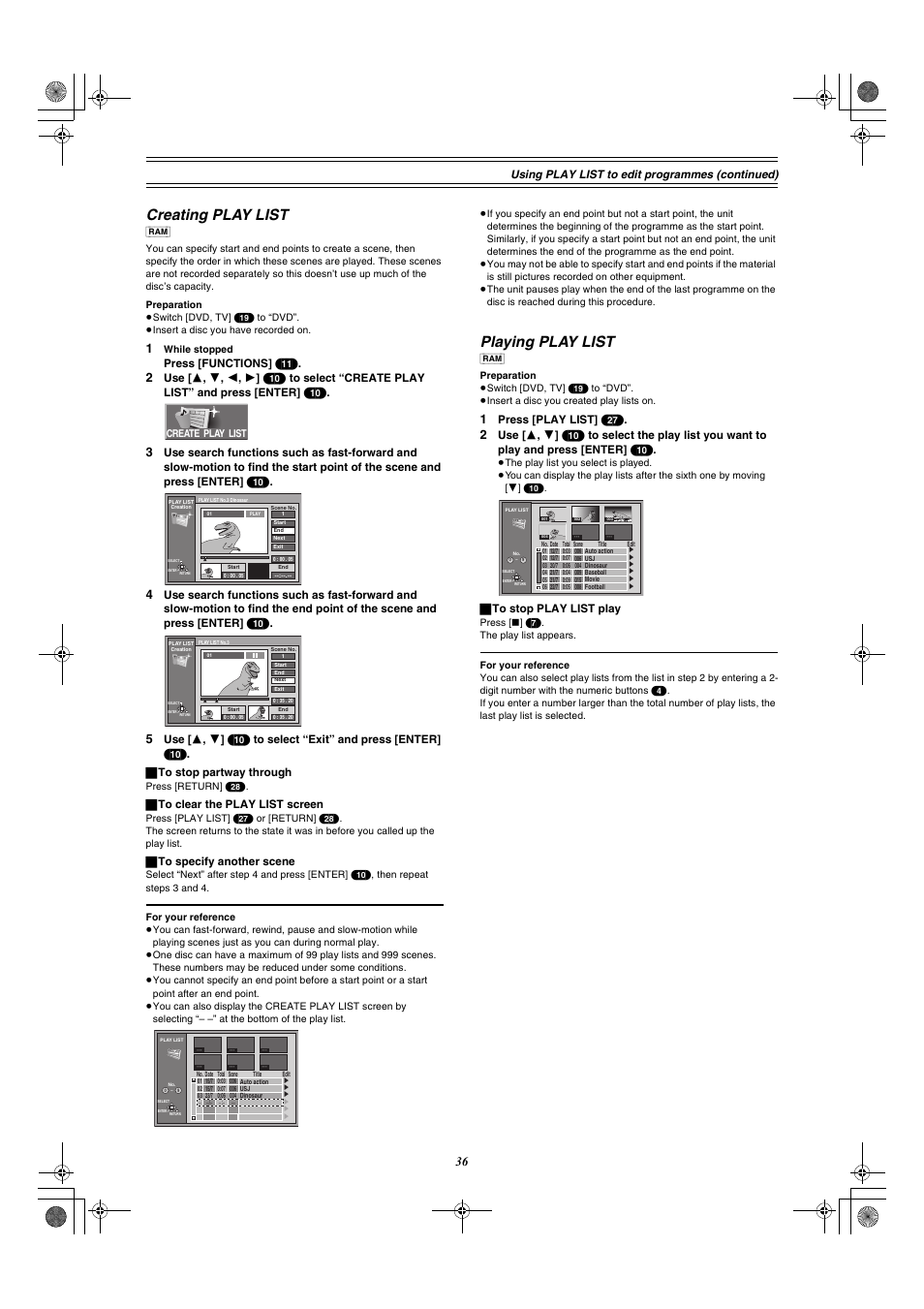 Creating play list, Playing play list, Using play list to edit programmes (con tinued) | Press [functions] (11), ª to clear the play list screen, ª to specify another scene, Press [play list ] (27), ª to stop play list play | Panasonic DMR-E60 User Manual | Page 36 / 74