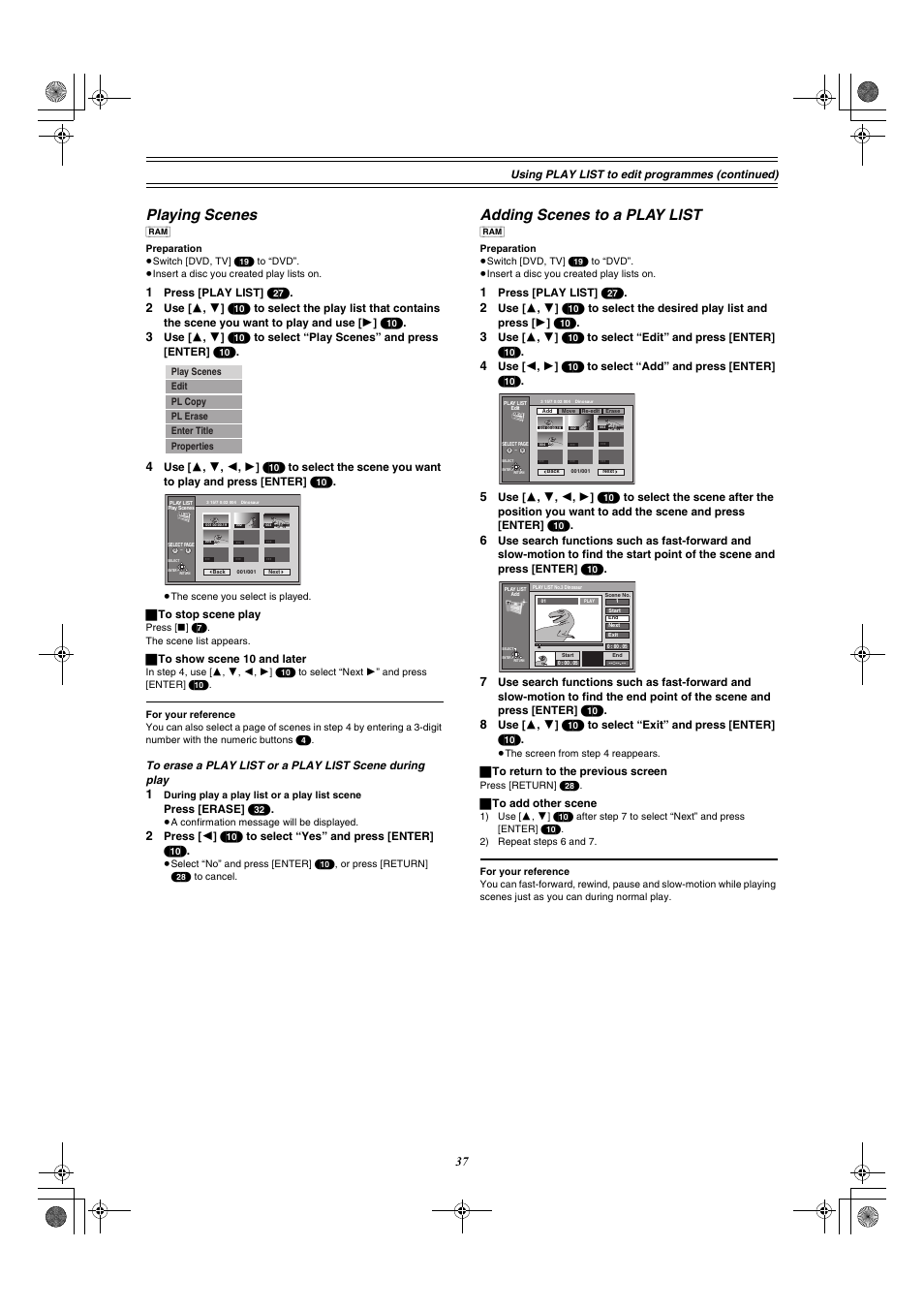 Playing scenes, Adding scenes to a play list, Using play list to edit programmes (con tinued) | Panasonic DMR-E60 User Manual | Page 37 / 74