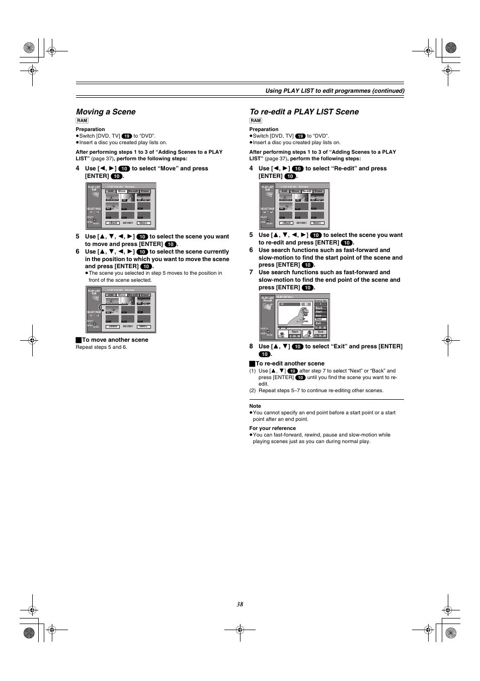 Moving a scene, Using play list to edit programmes (con tinued), ª to move another scene | Panasonic DMR-E60 User Manual | Page 38 / 74