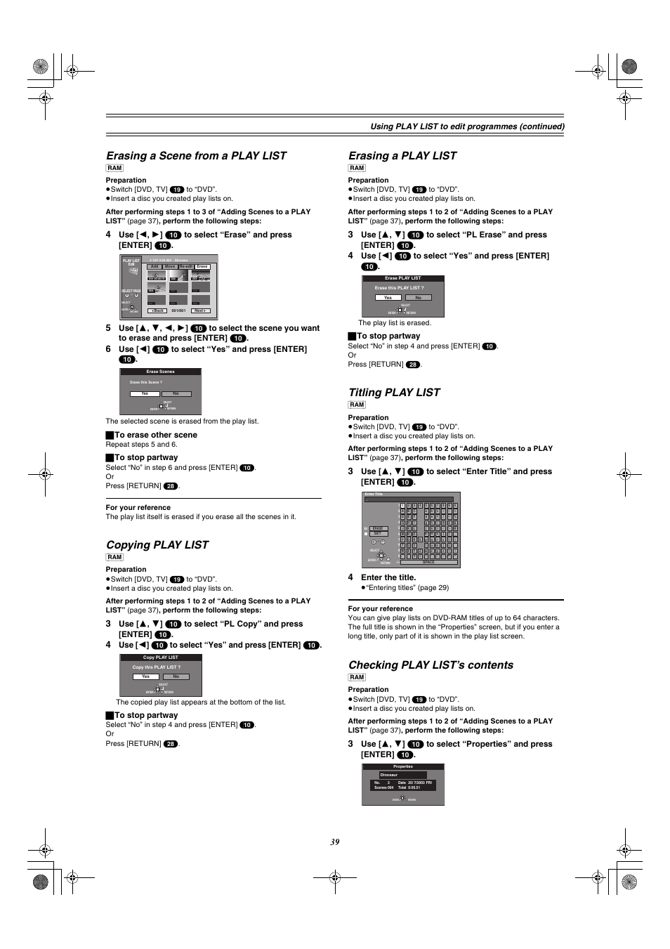 Erasing a scene from a play list, Copying play list, Erasing a play list | Titling play list, Checking play list’s contents, Using play list to edit programmes (con tinued), ª to erase other scene, ª to stop partway, Enter the title | Panasonic DMR-E60 User Manual | Page 39 / 74