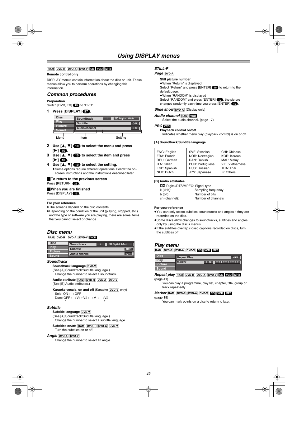 Using display menus, Common procedures, Disc menu | Play menu | Panasonic DMR-E60 User Manual | Page 40 / 74