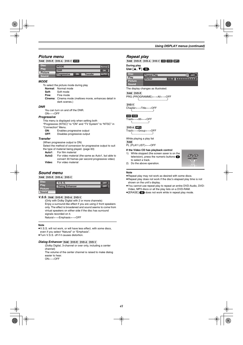 Picture menu, Sound menu, Repeat play | Panasonic DMR-E60 User Manual | Page 41 / 74