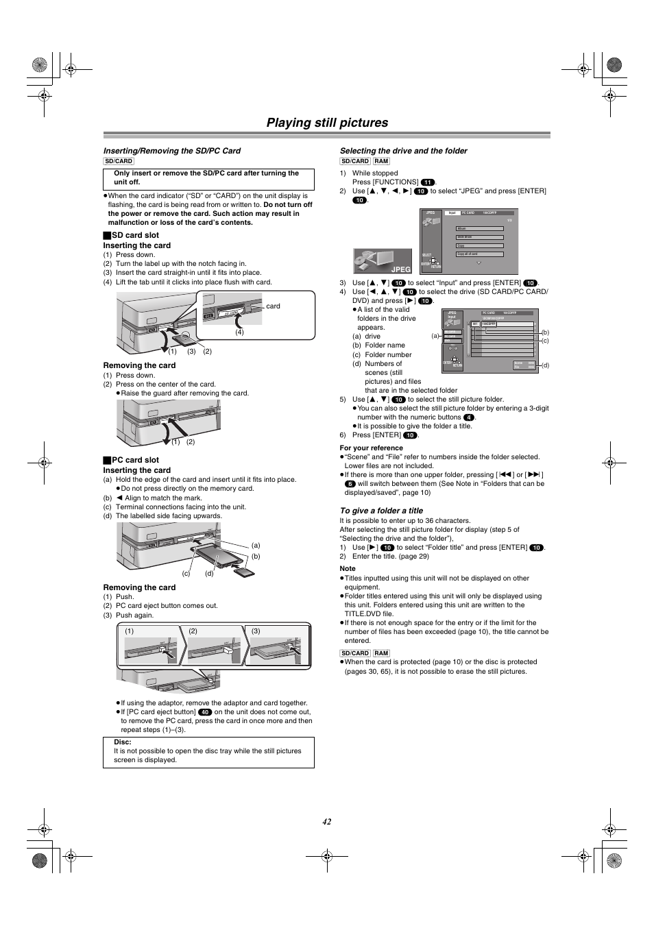 Playing still pictures, Inserting/removing the sd/pc card, Selecting the drive and the folder | Panasonic DMR-E60 User Manual | Page 42 / 74