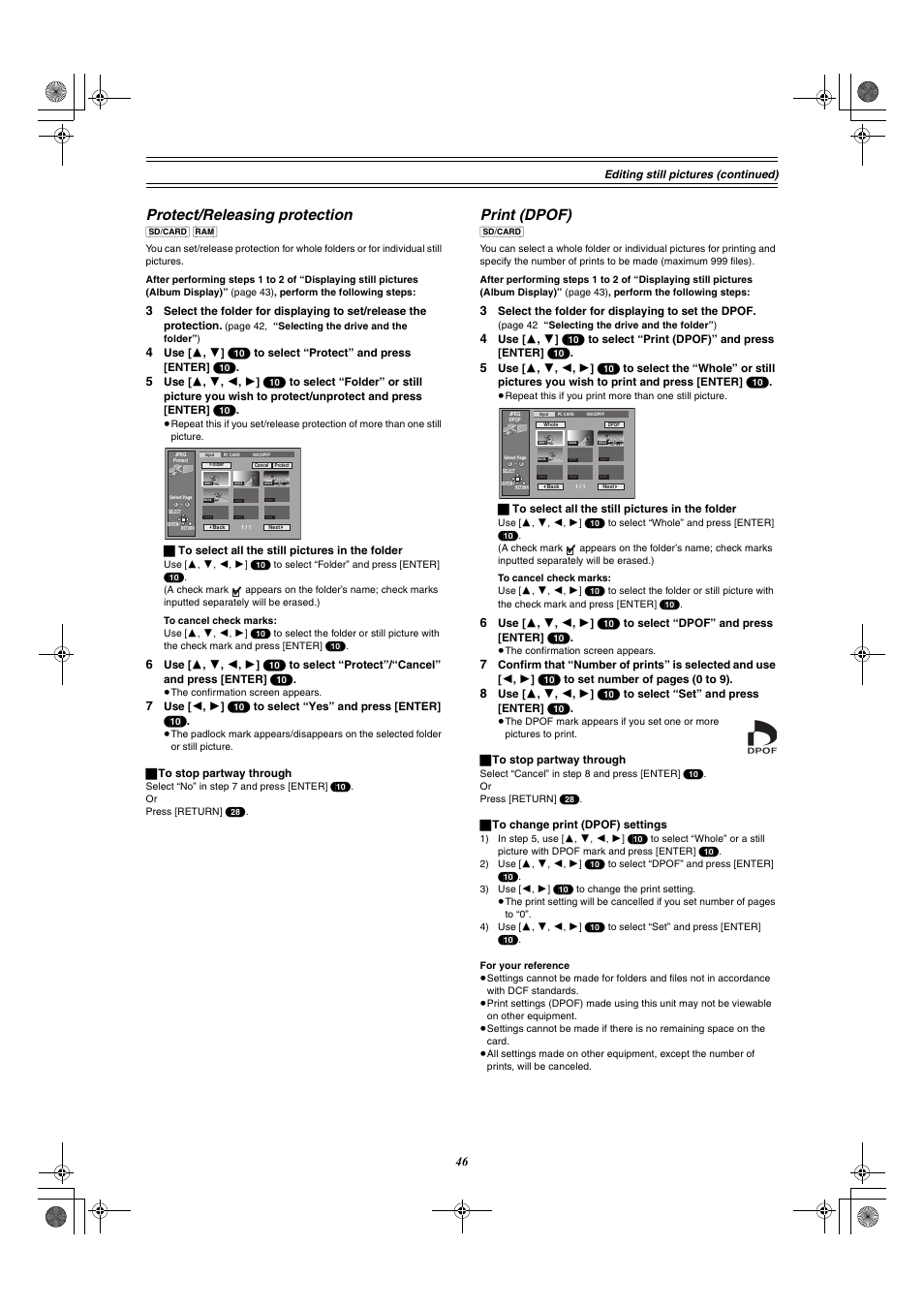 Protect/releasing protection, Print (dpof) | Panasonic DMR-E60 User Manual | Page 46 / 74