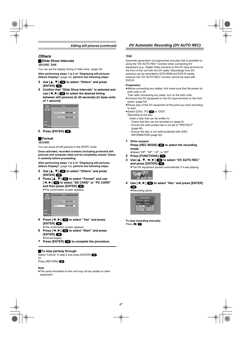 Others, Dv automatic recording (dv auto rec), ª slide show intervals | ª format | Panasonic DMR-E60 User Manual | Page 47 / 74