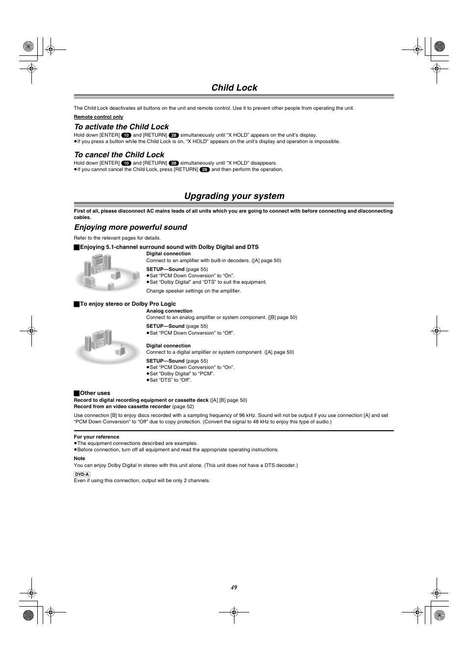 Child lock, Upgrading your system, Enjoying more powerful sound | Panasonic DMR-E60 User Manual | Page 49 / 74