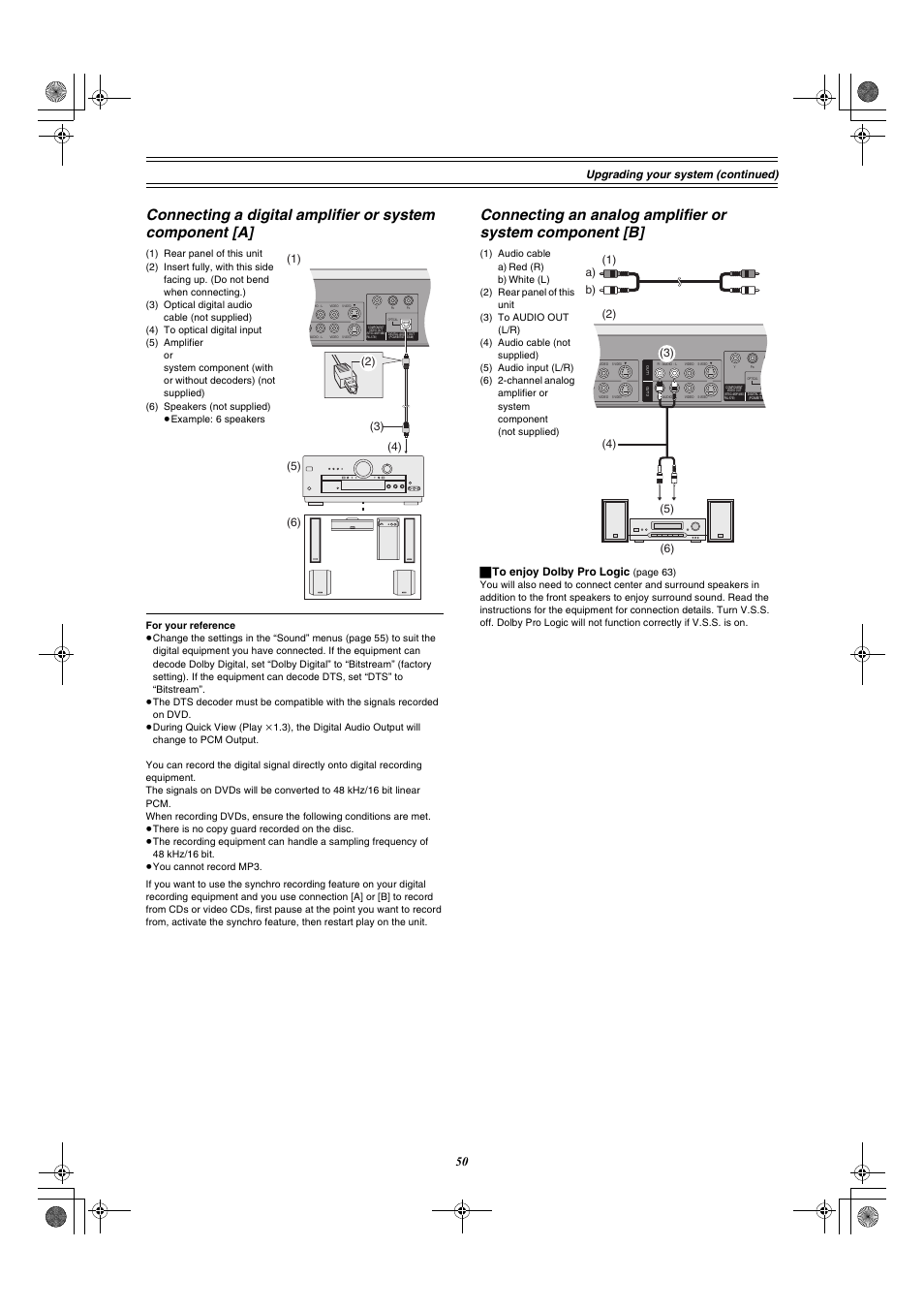 Upgrading your system (con tinued), ª to enjoy dolby pro logic | Panasonic DMR-E60 User Manual | Page 50 / 74