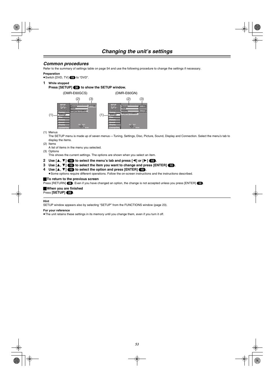 Changing the unit’s settings, Common procedures | Panasonic DMR-E60 User Manual | Page 53 / 74