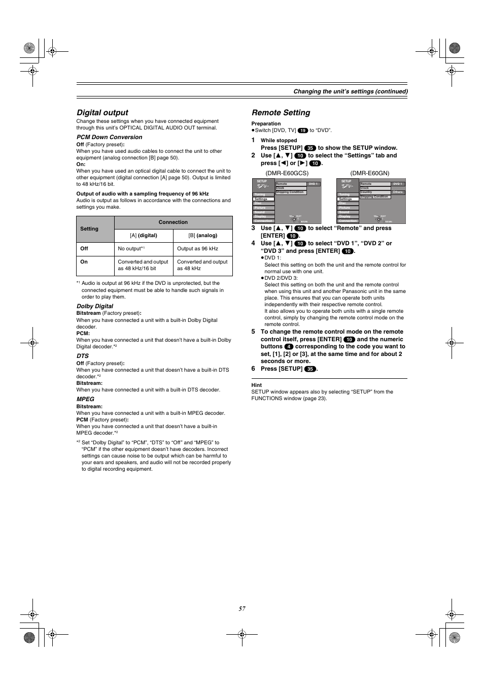 Digital output, Remote setting | Panasonic DMR-E60 User Manual | Page 57 / 74