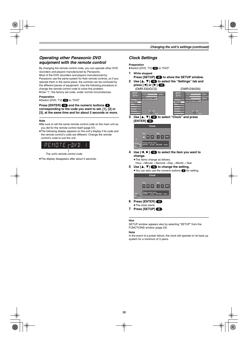 Clock settings, Changing the unit’s settings (con tinued) | Panasonic DMR-E60 User Manual | Page 58 / 74
