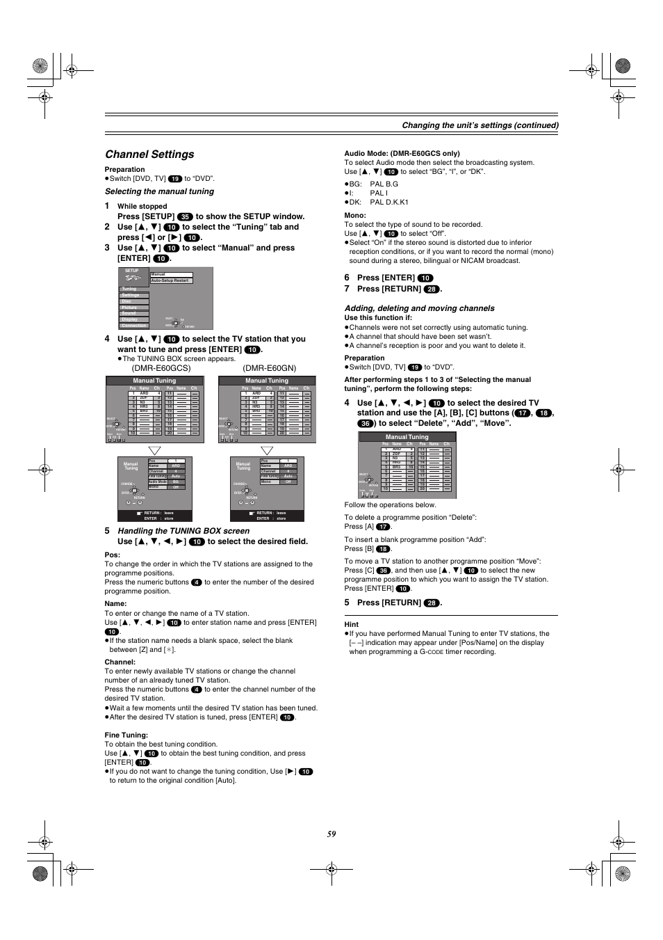 Channel settings, Changing the unit’s settings (con tinued), Selecting the manual tuning | Handling the tuning box screen, Adding, deleting and moving channels | Panasonic DMR-E60 User Manual | Page 59 / 74