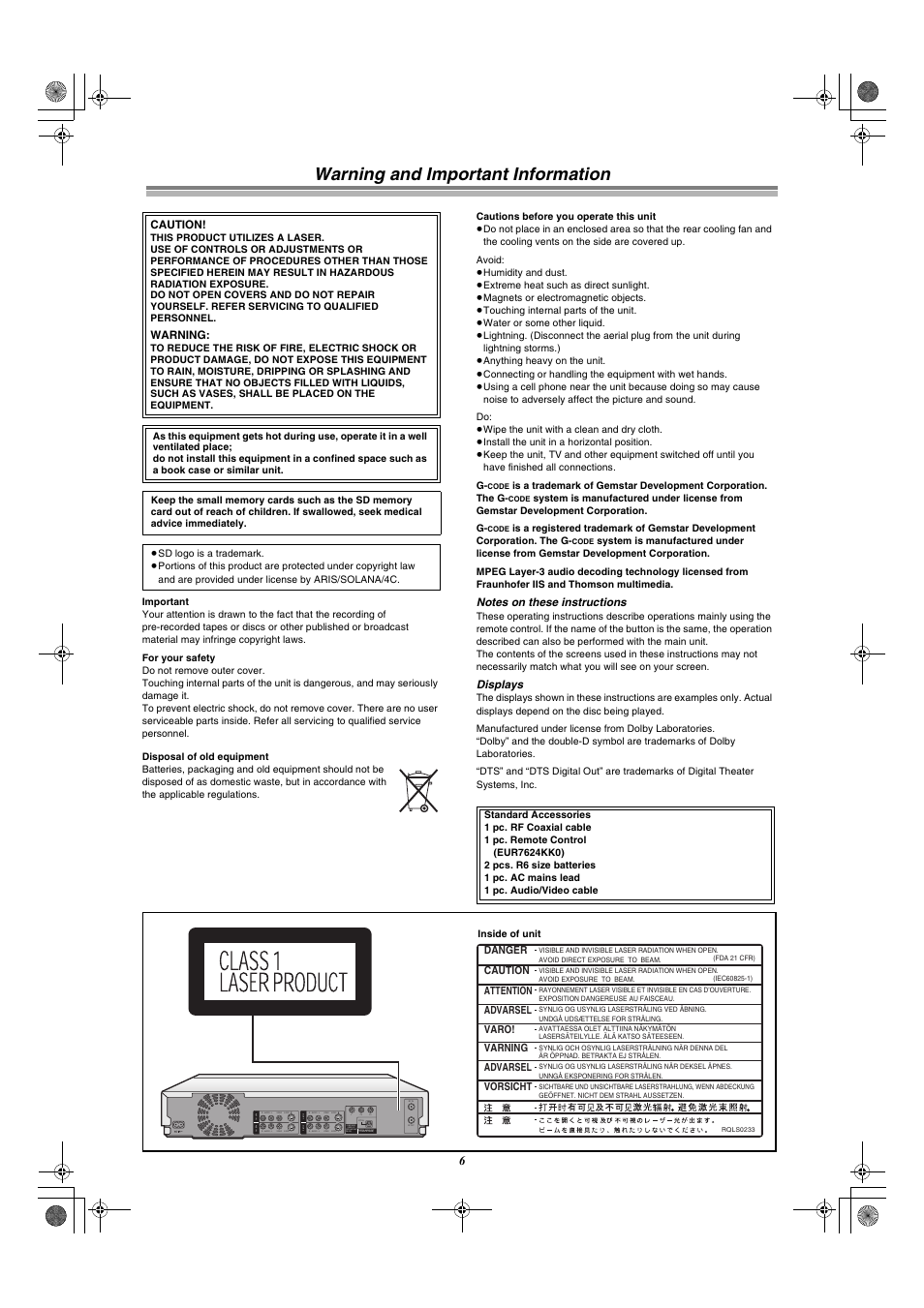 Warning and important information, Displays, Caution | Warning, Varning, Vorsicht, Attention, Danger, Advarsel, Varo | Panasonic DMR-E60 User Manual | Page 6 / 74