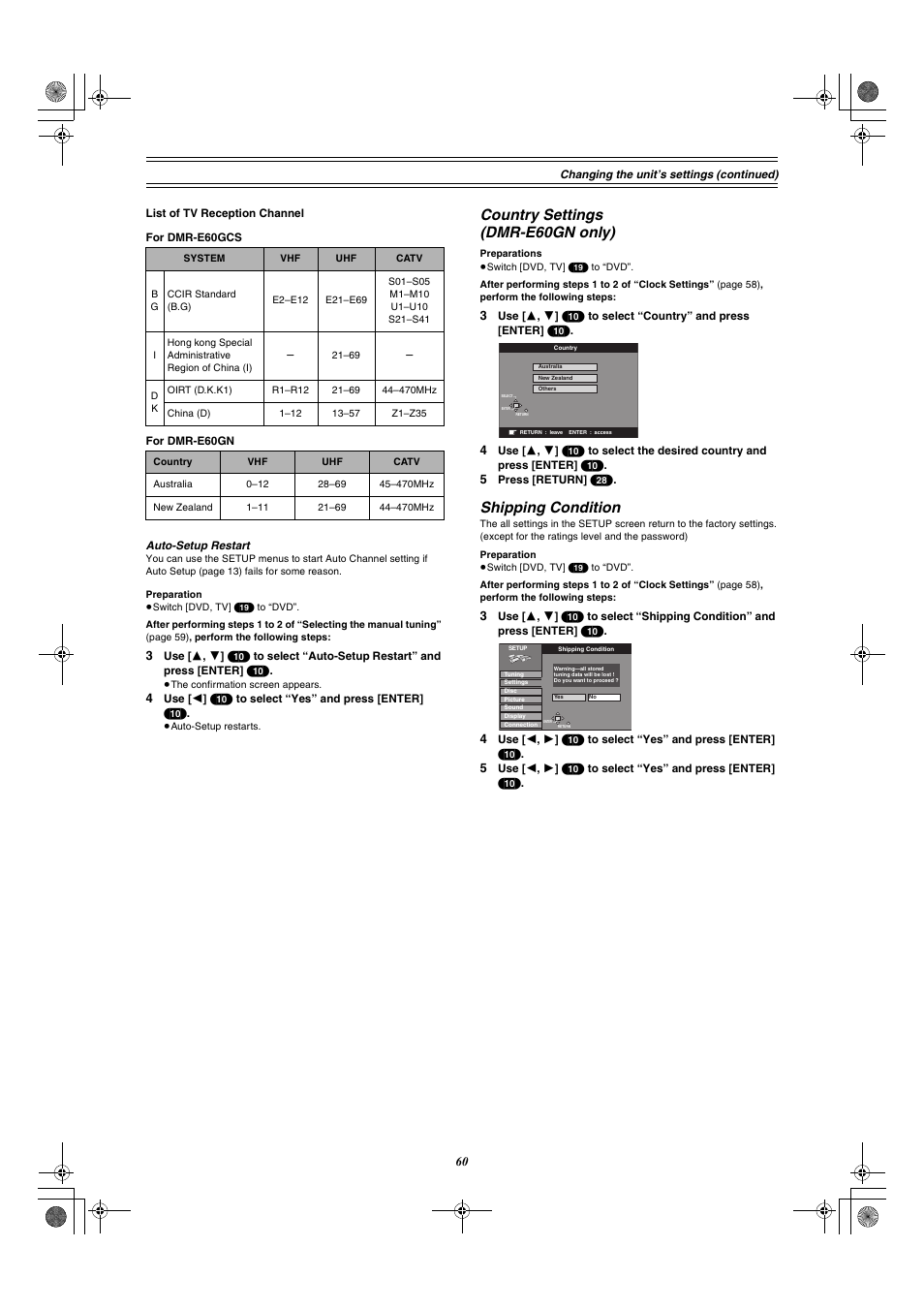 Country settings (dmr-e60gn only), Shipping condition | Panasonic DMR-E60 User Manual | Page 60 / 74