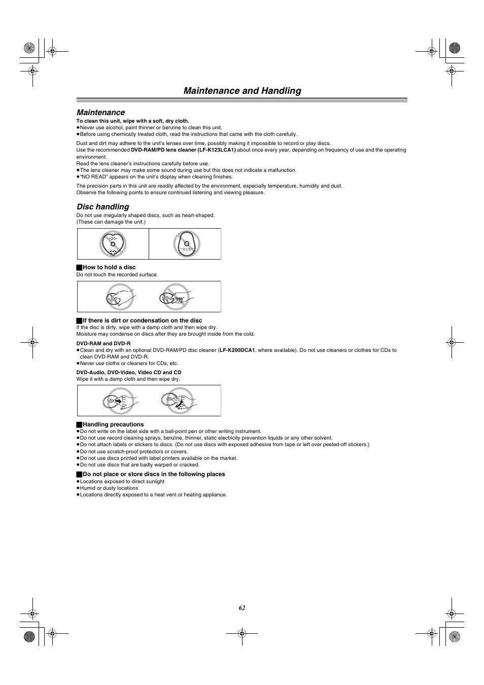 Maintenance and handling, Maintenance, Disc handling | Panasonic DMR-E60 User Manual | Page 62 / 74