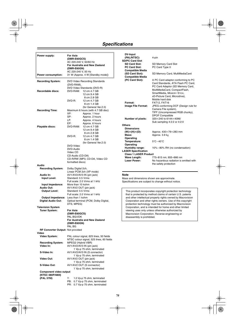 Specifications | Panasonic DMR-E60 User Manual | Page 70 / 74