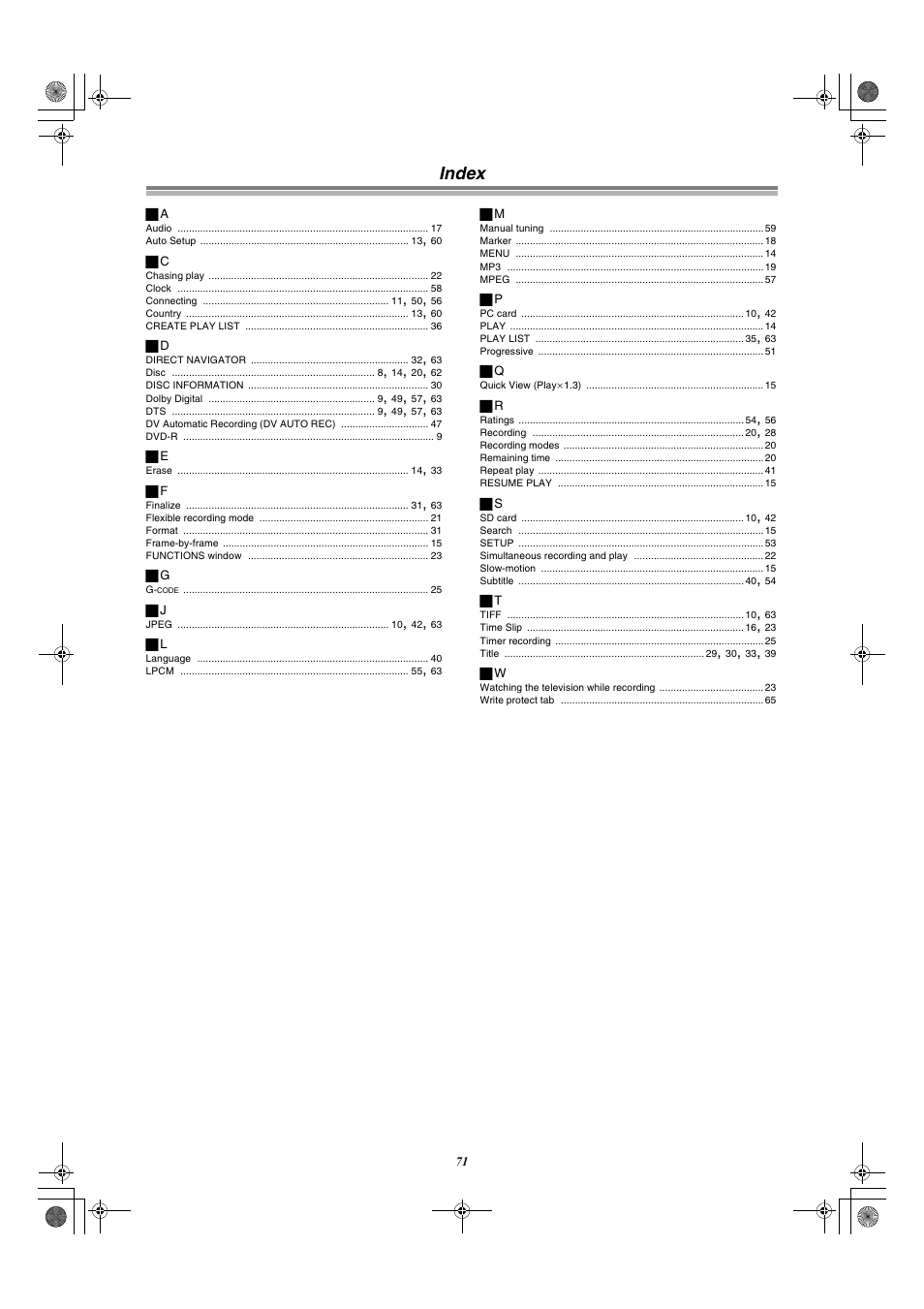 Index | Panasonic DMR-E60 User Manual | Page 71 / 74