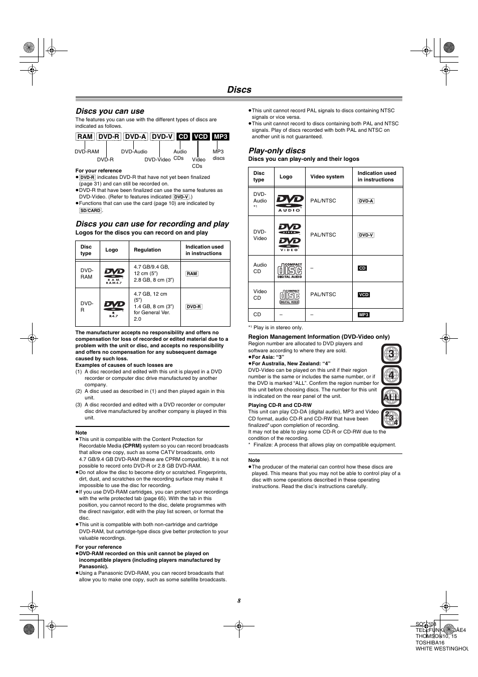 Discs, Discs you can use, Discs you can use for recording and play | Play-only discs, Ram] [dvd-r] [dvd-a] [dvd-v] [cd] [vcd] [mp3 | Panasonic DMR-E60 User Manual | Page 8 / 74