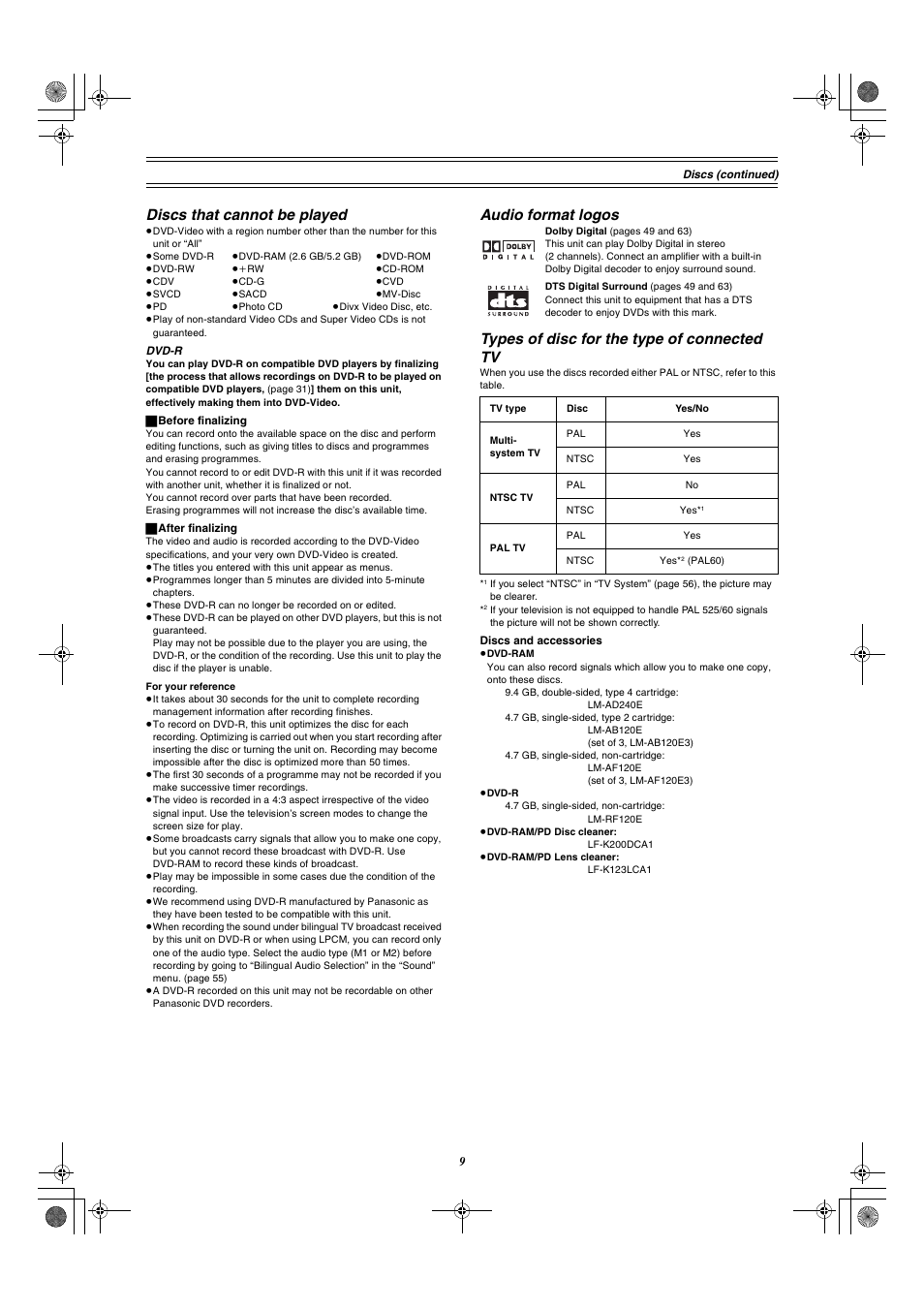Discs that cannot be played, Audio format logos, Types of disc for the type of connected tv | Panasonic DMR-E60 User Manual | Page 9 / 74
