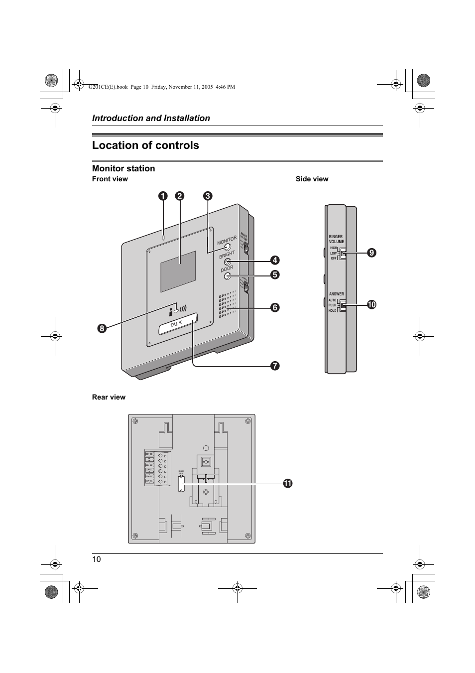 Location of controls, Introduction and installation, Monitor station | Panasonic VL-G201 User Manual | Page 10 / 40