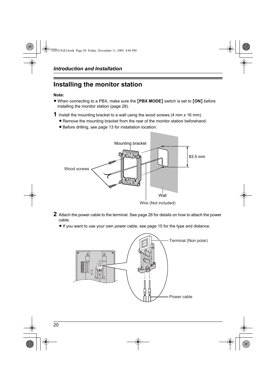 Installing the monitor station | Panasonic VL-G201 User Manual | Page 20 / 40