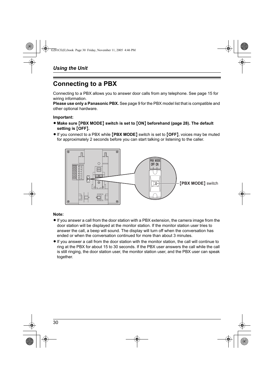 Connecting to a pbx | Panasonic VL-G201 User Manual | Page 30 / 40